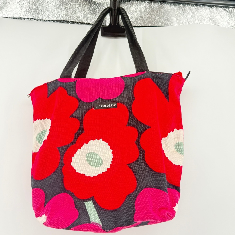 Marimekko Unikko Floral Tote Bag Womens Red Pink Canvas Zipper Shoulder Bag